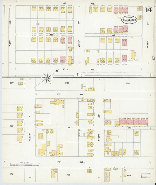 Sanborn Fire Insurance Map from Bessemer, Jefferson County, Alabama (1904), Sheet #0014 - Historic Sanborn Fire Insurance Map Print, vintage old map wall art, antique decor, genealogy gift, Alabama Alabama map