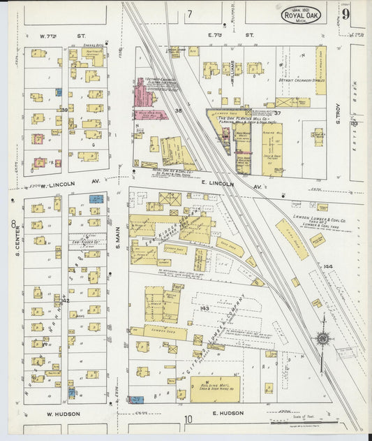 Sanborn Fire Insurance Map from Royal Oak, Oakland County, Michigan (1921), Sheet #0009 - Historic Sanborn Fire Insurance Map Print, vintage old map wall art, antique decor, genealogy gift, Michigan Michigan map