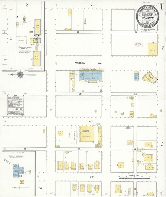 Sanborn Fire Insurance Map from Kerman, Fresno County, California (1911), Sheet #0001 - Complete Map Set gallery image, historic Sanborn map, vintage wall art, California California