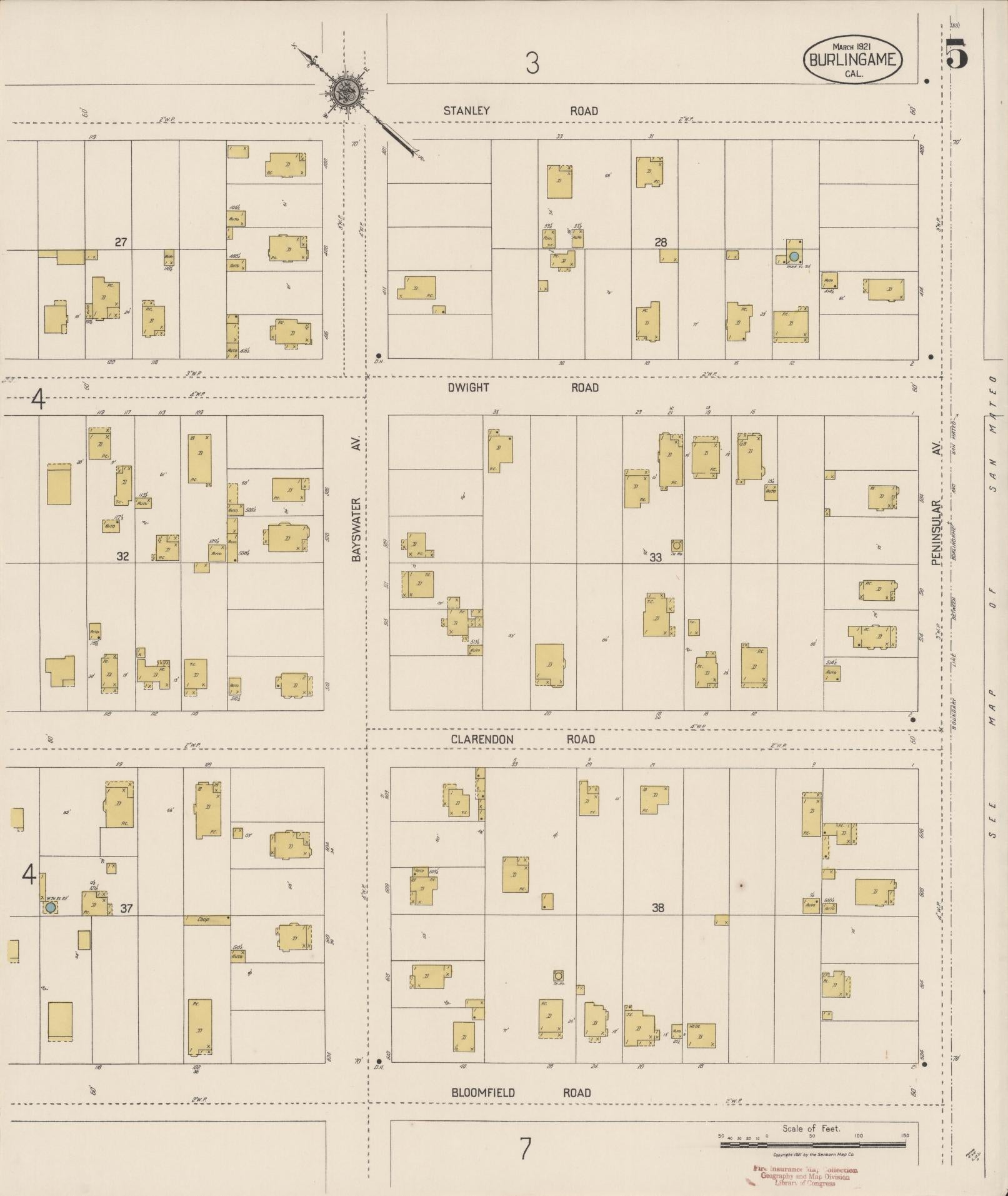Sanborn Fire Insurance Map from Burlingame, San Mateo County, California (1921), Sheet #0005 - Complete Map Set gallery image, historic Sanborn map, vintage wall art, California California