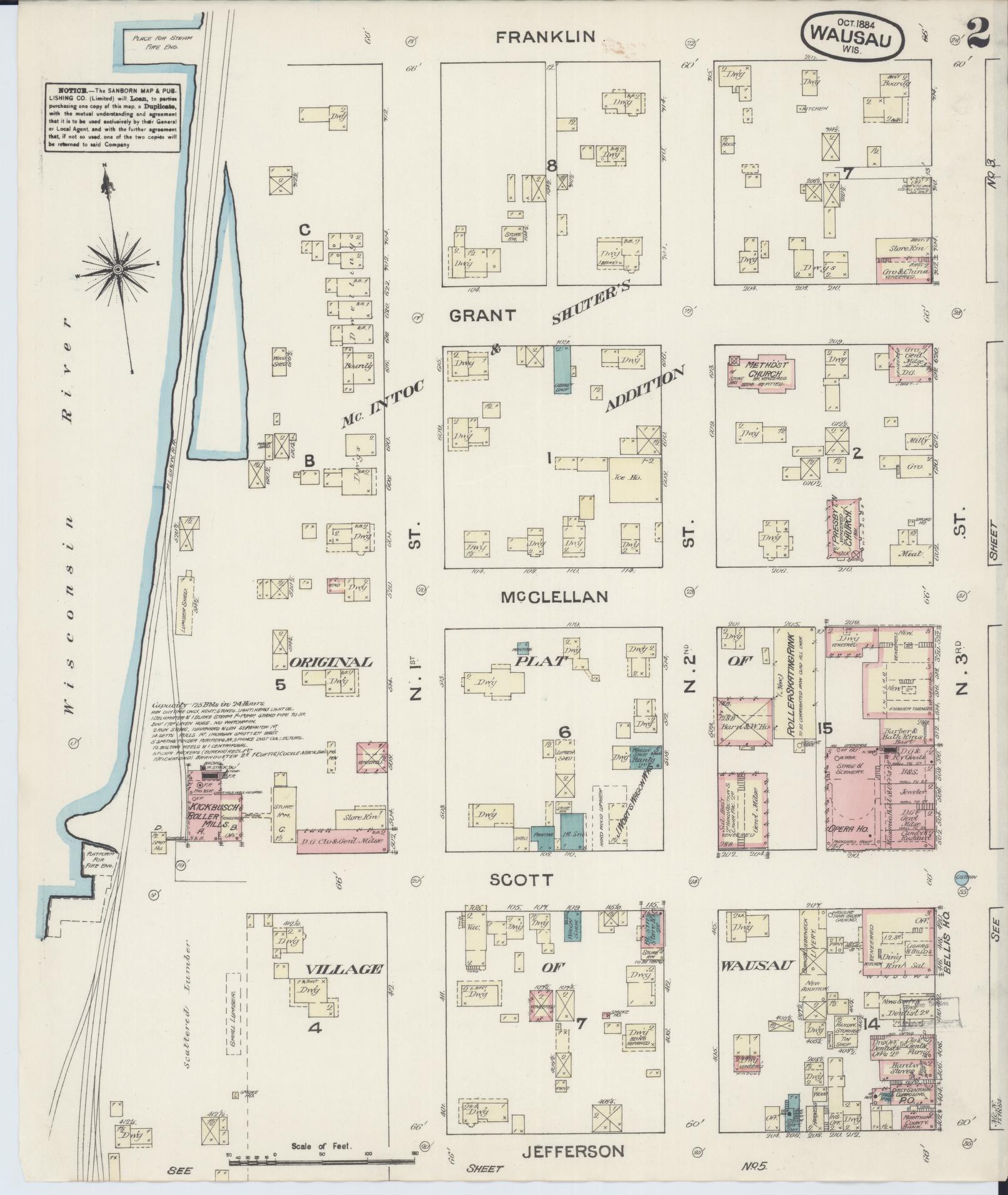 Sanborn Fire Insurance Map from Wausau, Marathon County, Wisconsin (1884), Sheet #0002 - Historic Sanborn Fire Insurance Map Print, vintage old map wall art, antique decor, genealogy gift, Wisconsin Wisconsin map