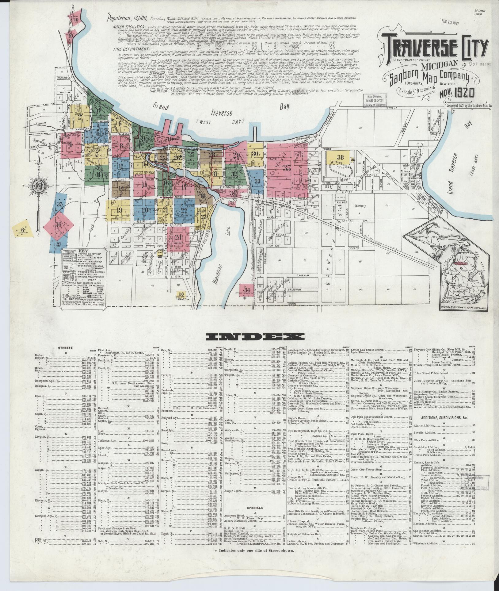 Sanborn Fire Insurance Map from Traverse City, Grand Traverse County, Michigan (1920), Sheet #0001 - Historic Sanborn Fire Insurance Map Print, vintage old map wall art, antique decor, genealogy gift, Michigan Michigan map