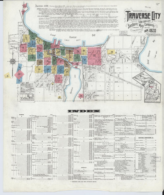 Sanborn Fire Insurance Map from Traverse City, Grand Traverse County, Michigan (1920), Sheet #0001 - Historic Sanborn Fire Insurance Map Print, vintage old map wall art, antique decor, genealogy gift, Michigan Michigan map