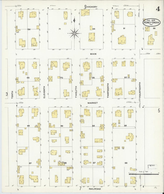 Sanborn Fire Insurance Map from Honey Grove, Fannin County, Texas (1909), Sheet #0004 - Historic Sanborn Fire Insurance Map Print, vintage old map wall art, antique decor, genealogy gift, Texas Texas map