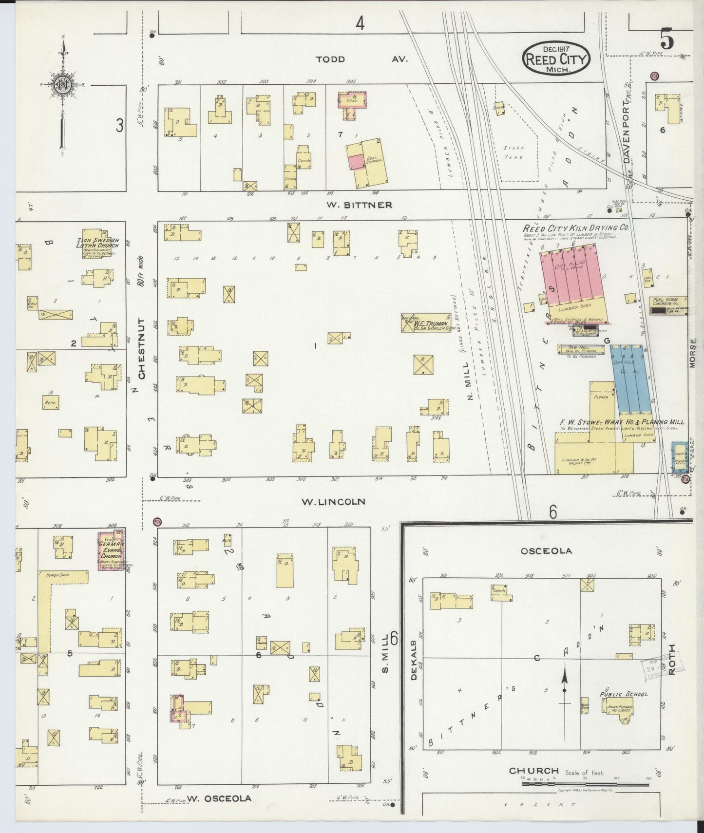 Sanborn Fire Insurance Map from Reed City, Osceola County, Michigan (1917), Sheet #0005 - Complete Map Set gallery image, historic Sanborn map, vintage wall art, Michigan Michigan