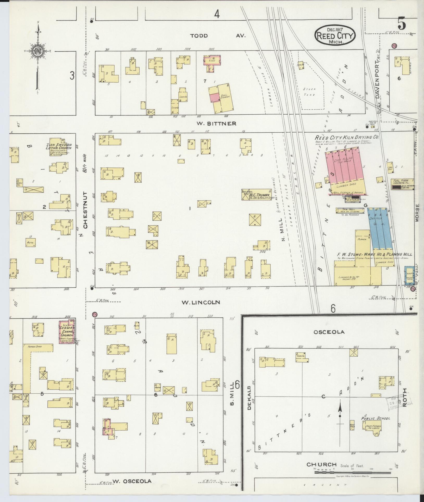 Sanborn Fire Insurance Map from Reed City, Osceola County, Michigan (1917), Sheet #0005 - Complete Map Set gallery image, historic Sanborn map, vintage wall art, Michigan Michigan