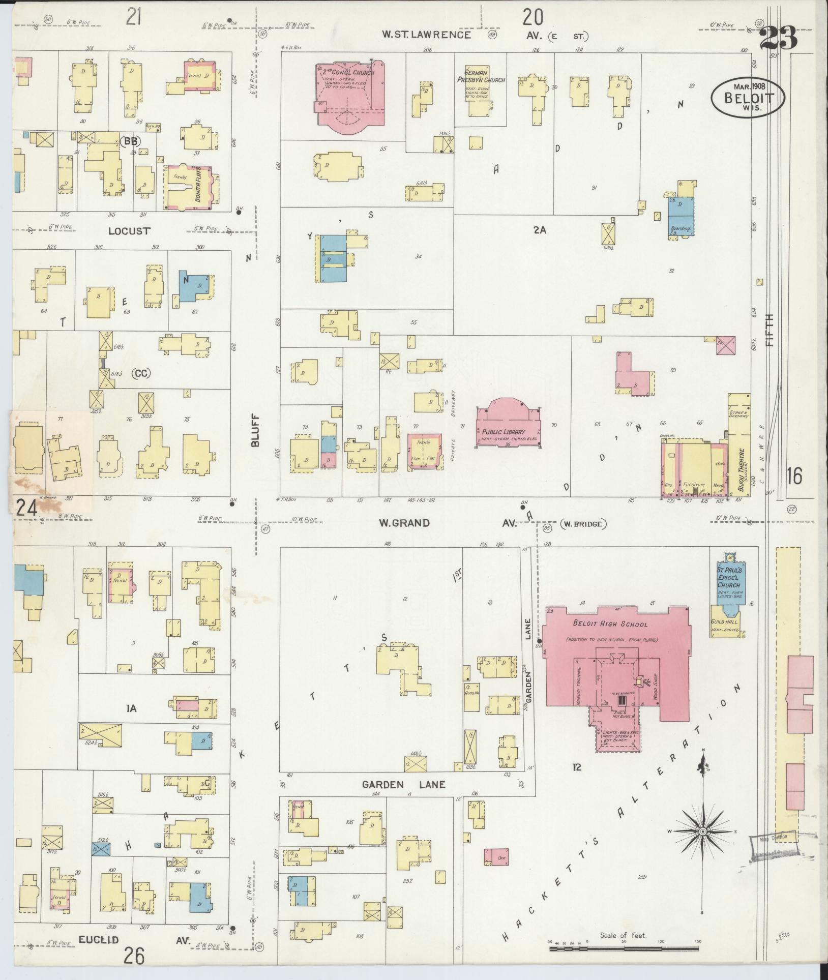 Sanborn Fire Insurance Map from Beloit, Rock County, Wisconsin (1908), Sheet #0023 - Complete Map Set gallery image, historic Sanborn map, vintage wall art, Wisconsin Wisconsin