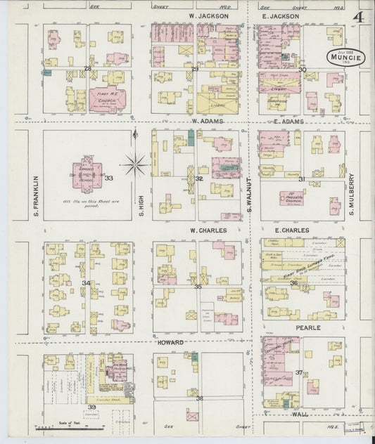 Sanborn Fire Insurance Map from Muncie, Delaware County, Indiana (1889), Sheet #0004 - Historic Sanborn Fire Insurance Map Print, vintage old map wall art, antique decor, genealogy gift, Muncie Delaware map