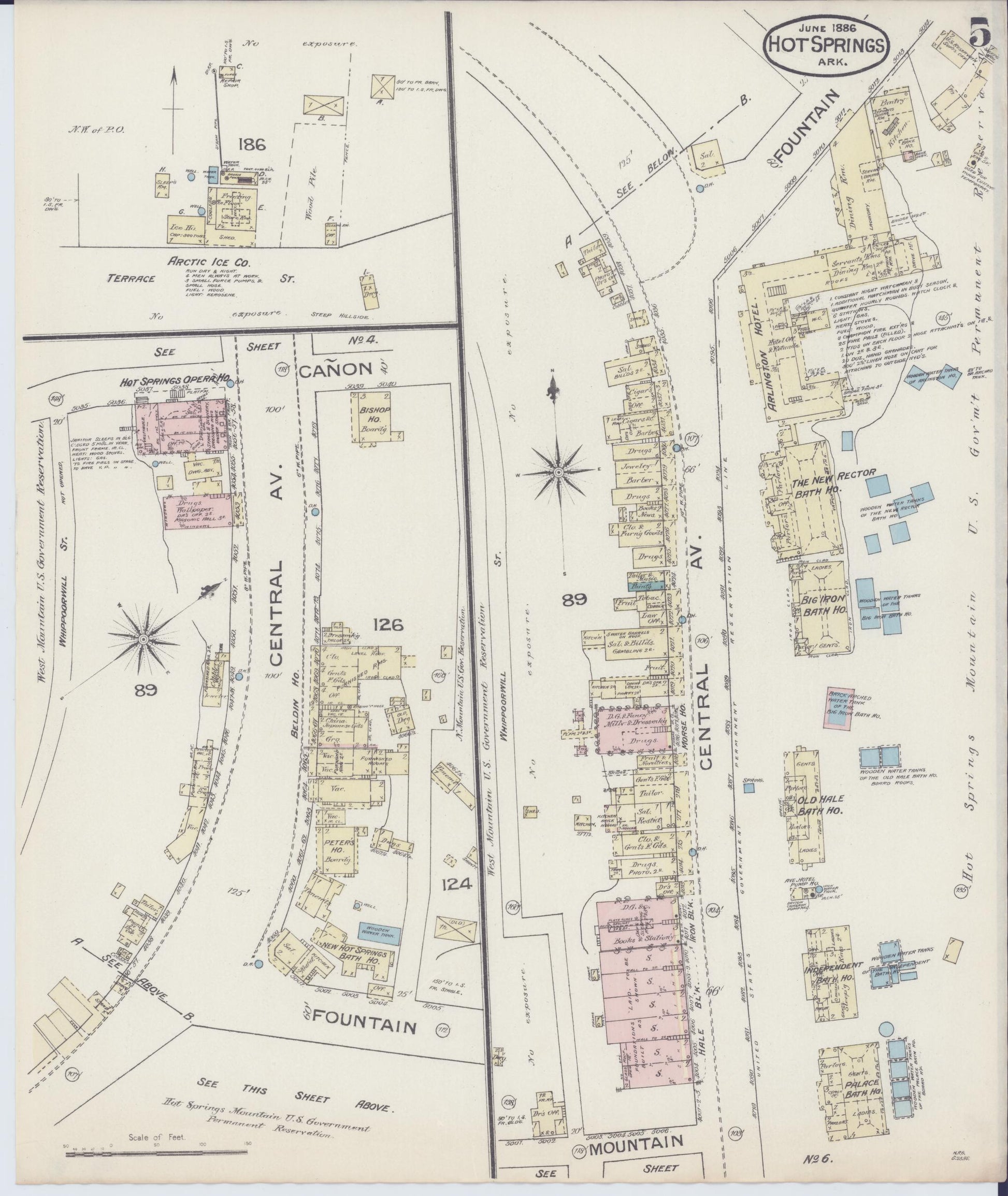 Sanborn Fire Insurance Map from Hot Springs, Garland County, Arkansas (1886), Sheet #0005 - Complete Map Set gallery image, historic Sanborn map, vintage wall art, Arkansas Arkansas