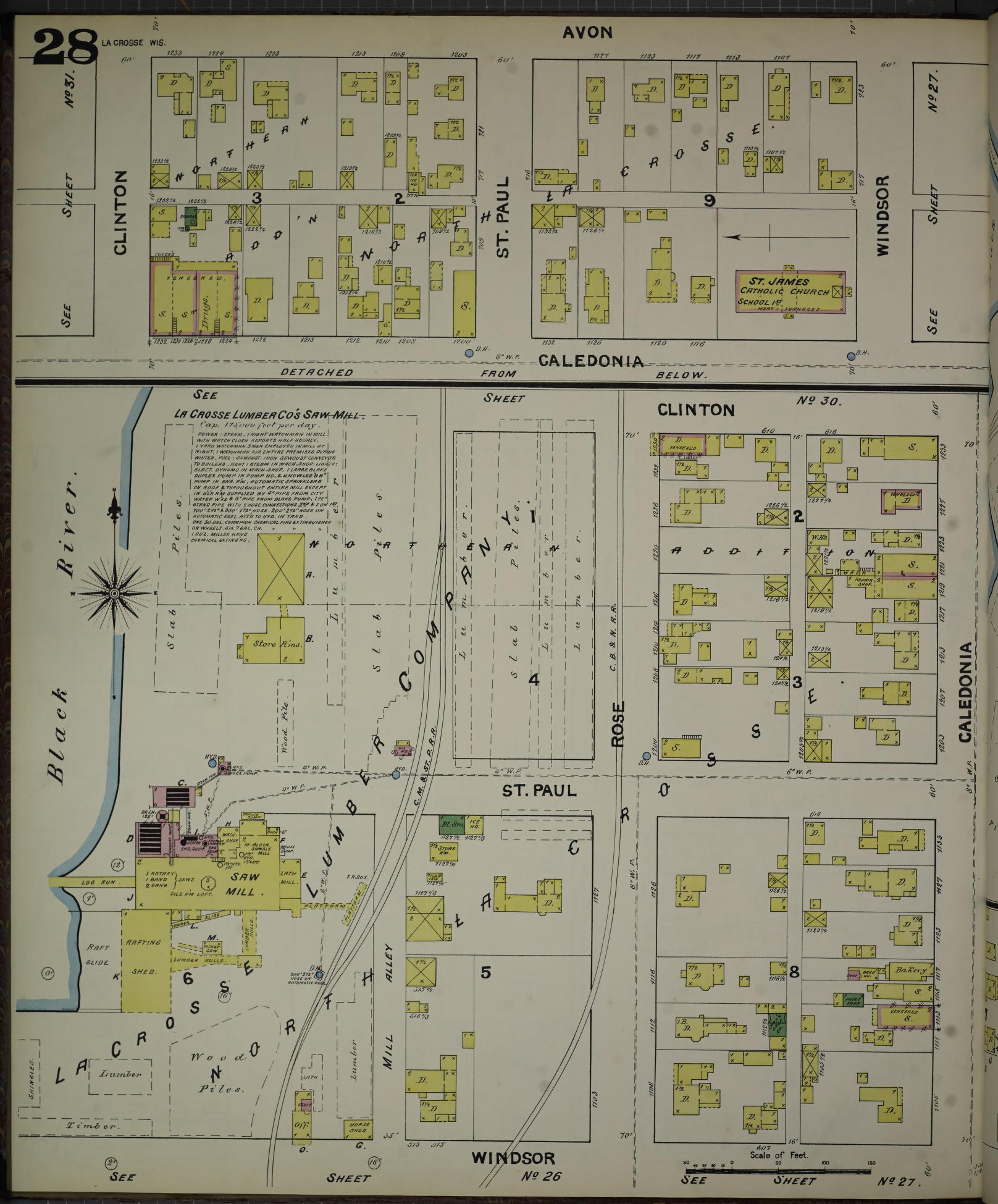 Sanborn Fire Insurance Map from La Crosse, La Crosse County, Wisconsin (1891), Sheet #0028 - Historic Sanborn Fire Insurance Map Print, vintage old map wall art, antique decor, genealogy gift, Wisconsin Wisconsin map