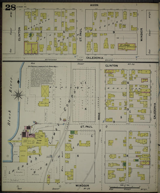 Sanborn Fire Insurance Map from La Crosse, La Crosse County, Wisconsin (1891), Sheet #0028 - Historic Sanborn Fire Insurance Map Print, vintage old map wall art, antique decor, genealogy gift, Wisconsin Wisconsin map