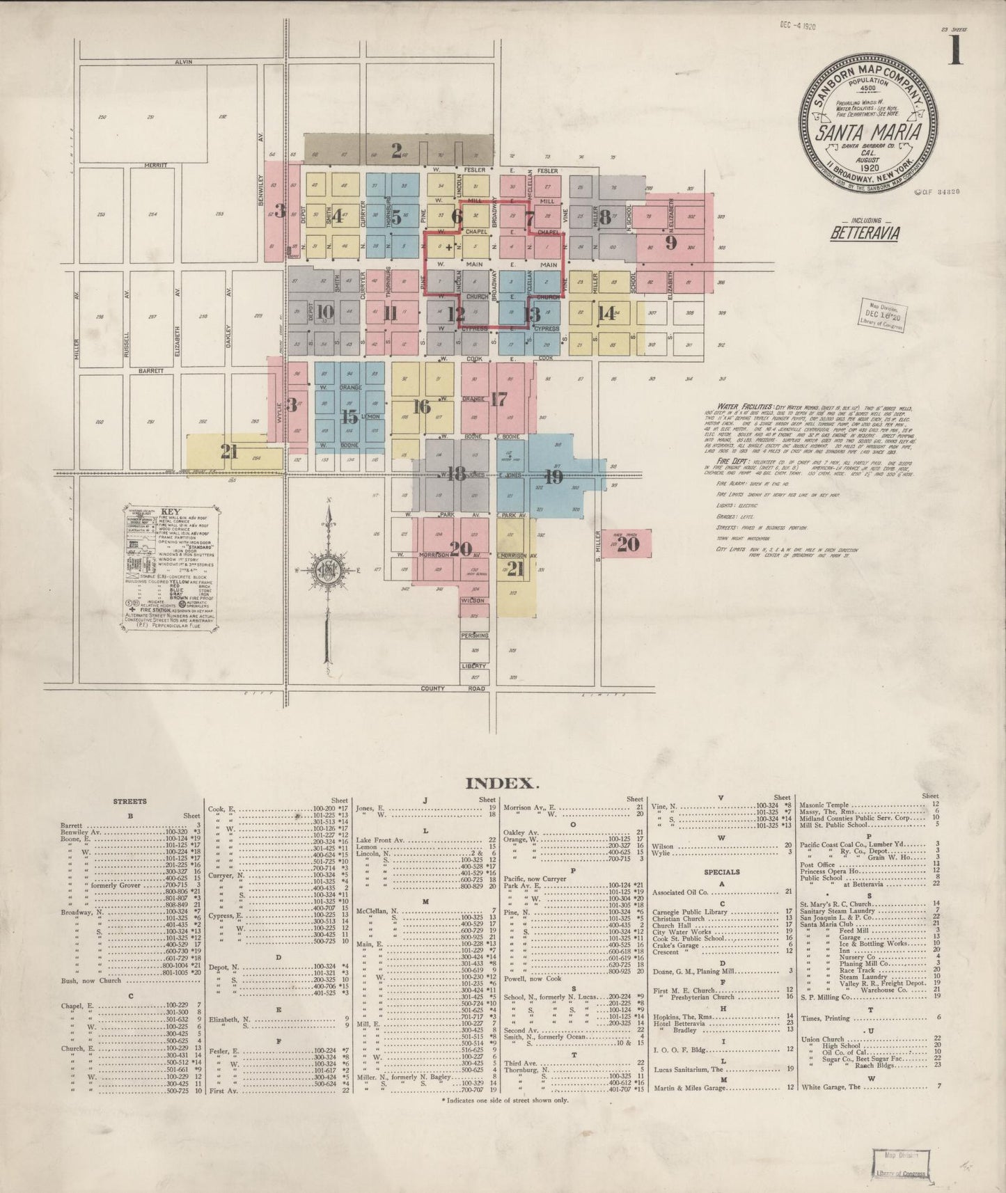 Sanborn Fire Insurance Map from Santa Maria, Santa Barbara County, California (1920), Sheet #0001 - Complete Map Set gallery image, historic Sanborn map, vintage wall art, California California