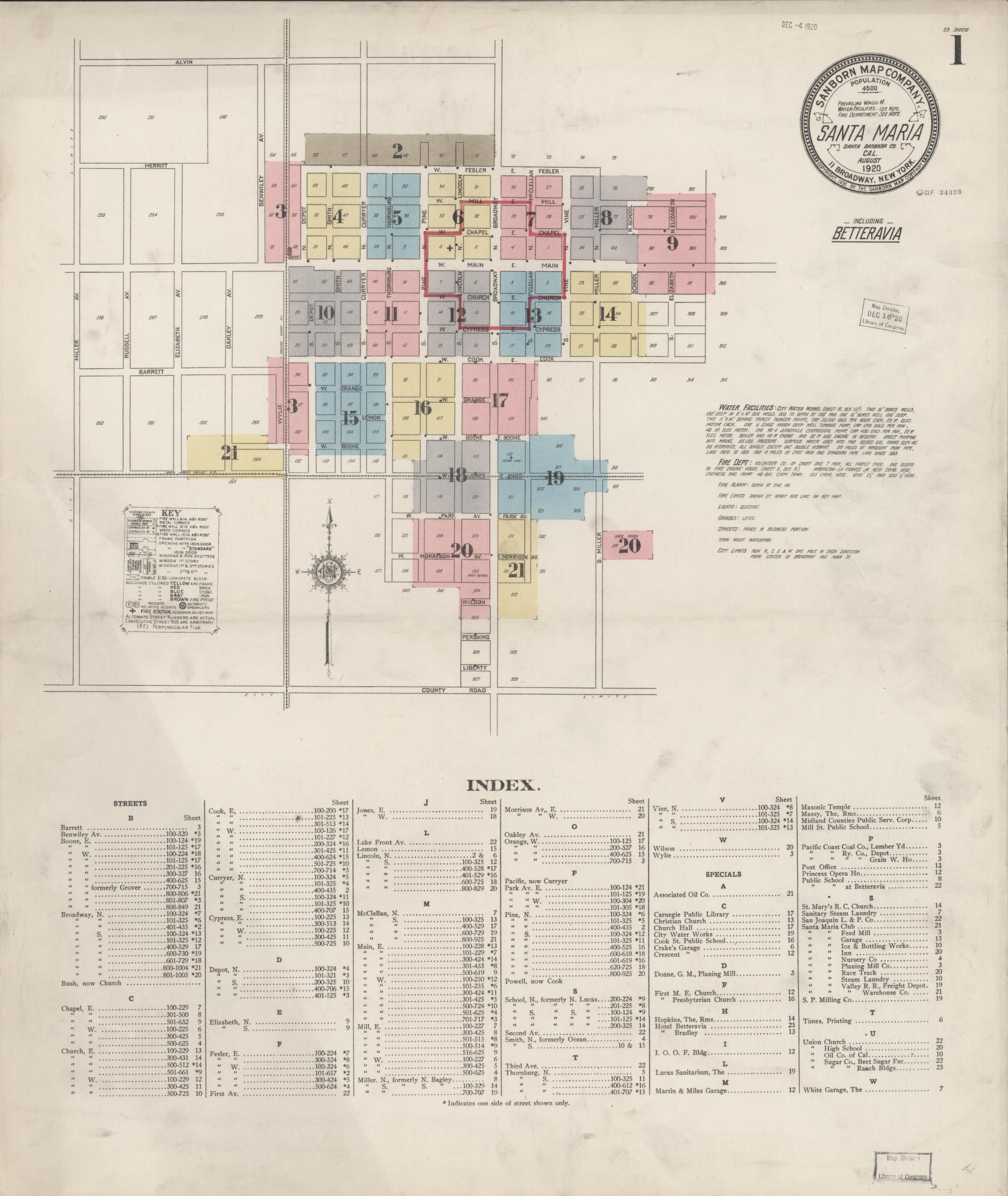 Sanborn Fire Insurance Map from Santa Maria, Santa Barbara County, California (1920), Sheet #0001 - Complete Map Set gallery image, historic Sanborn map, vintage wall art, California California