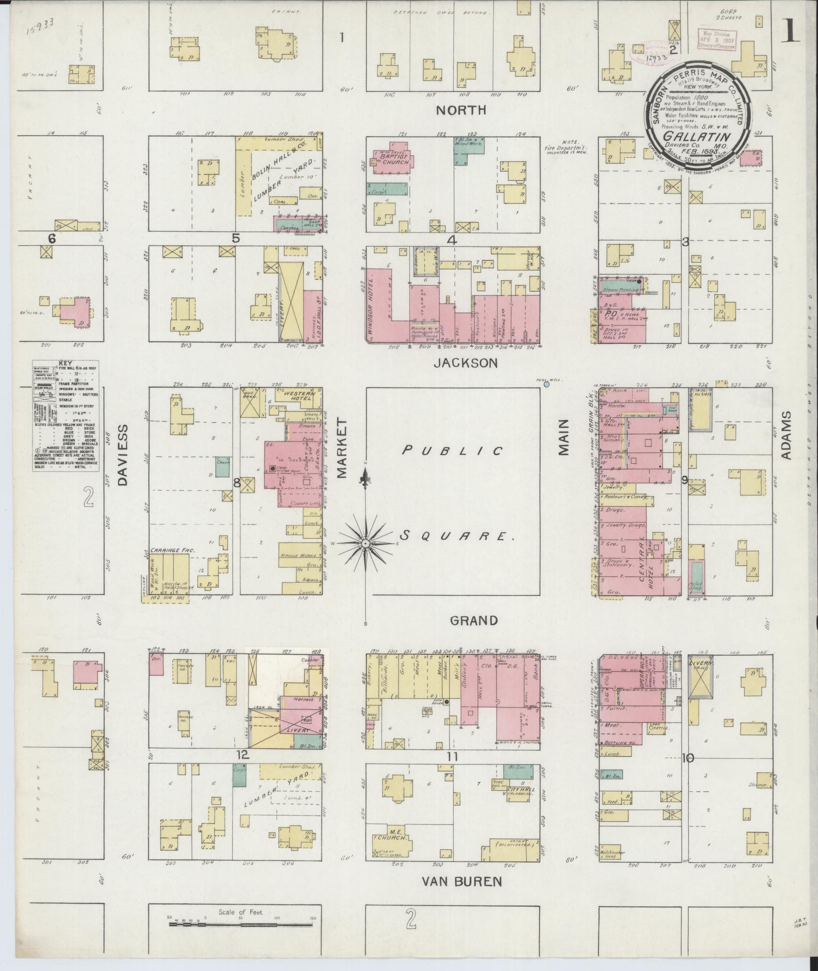 Sanborn Fire Insurance Map from Gallatin, Daviess County, Missouri (1893), Sheet #0001 - Historic Sanborn Fire Insurance Map Print, vintage old map wall art, antique decor, genealogy gift, Missouri Missouri map