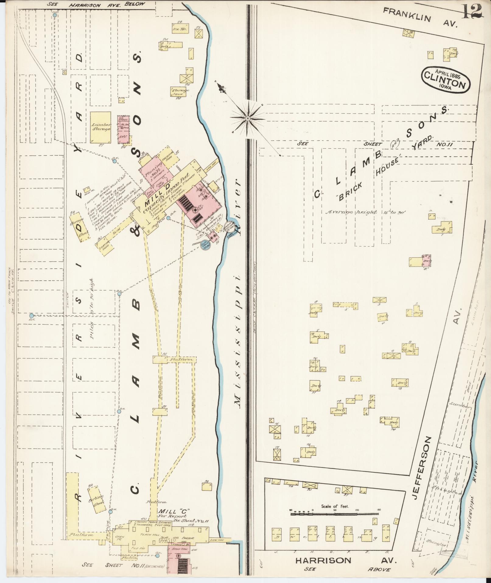 Sanborn Fire Insurance Map from Clinton, Clinton County, Iowa (1885), Sheet #0012 - Historic Sanborn Fire Insurance Map Print, vintage old map wall art