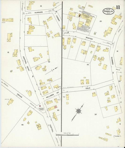Sanborn Fire Insurance Map from Franklin, Norfolk County, Massachusetts (1911), Sheet #0011 - Historic Sanborn Fire Insurance Map Print, vintage old map wall art, antique decor, genealogy gift, Massachusetts Massachusetts map