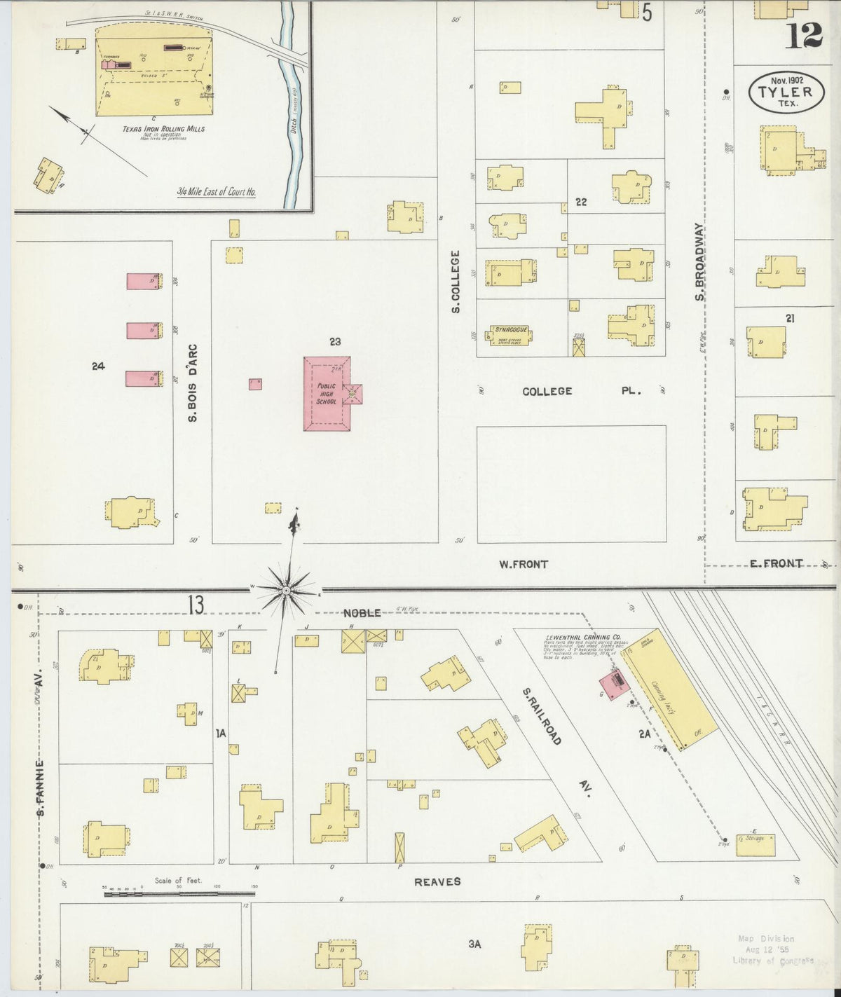 Sanborn Fire Insurance Map from Tyler, Smith County, Texas (1902), Sheet #0012 - Complete Map Set gallery image, historic Sanborn map, vintage wall art, Texas Texas