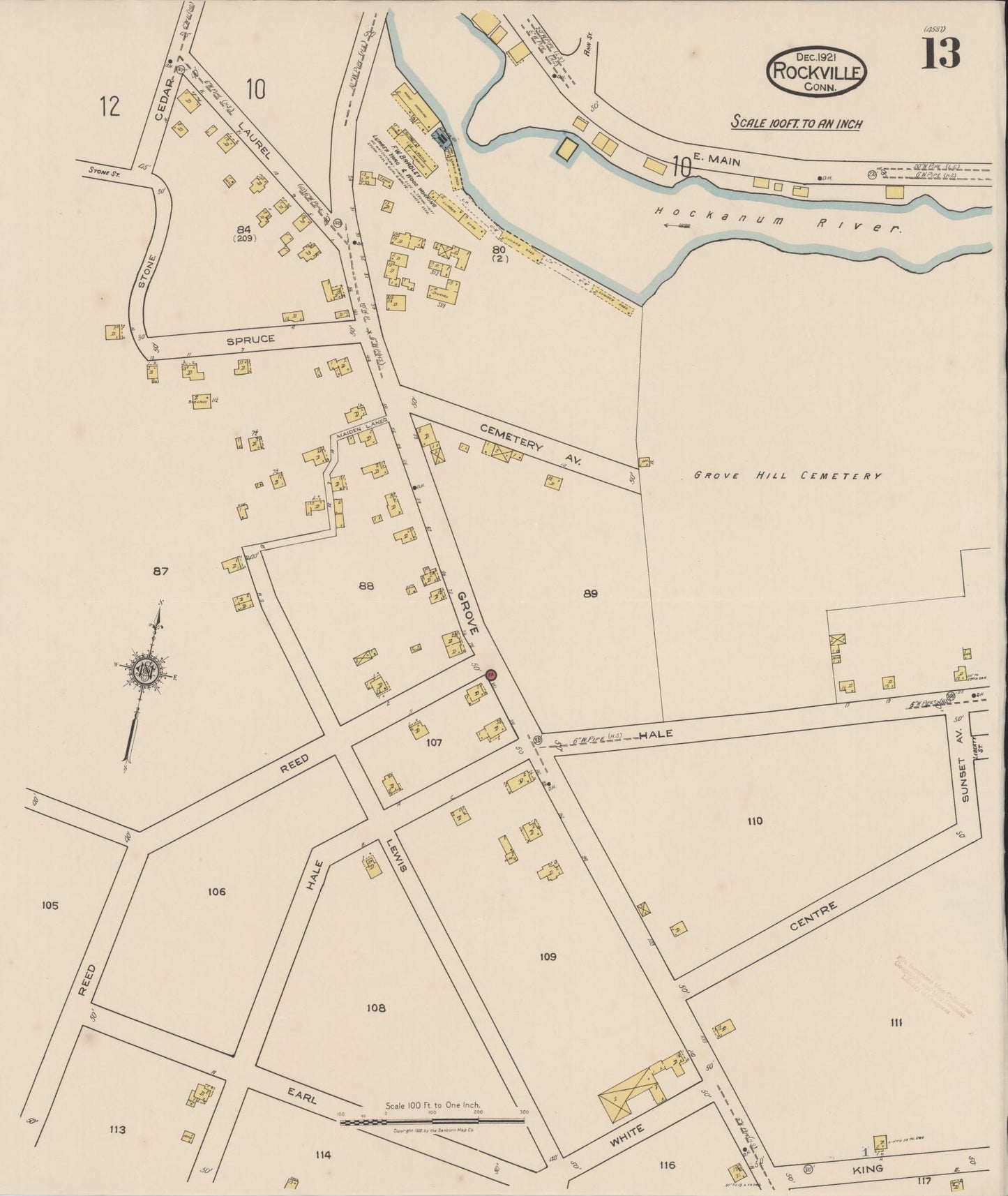 Sanborn Fire Insurance Map from Rockville, Tolland County, Connecticut (1921), Sheet #0013 - Complete Map Set gallery image, historic Sanborn map, vintage wall art, Connecticut Connecticut