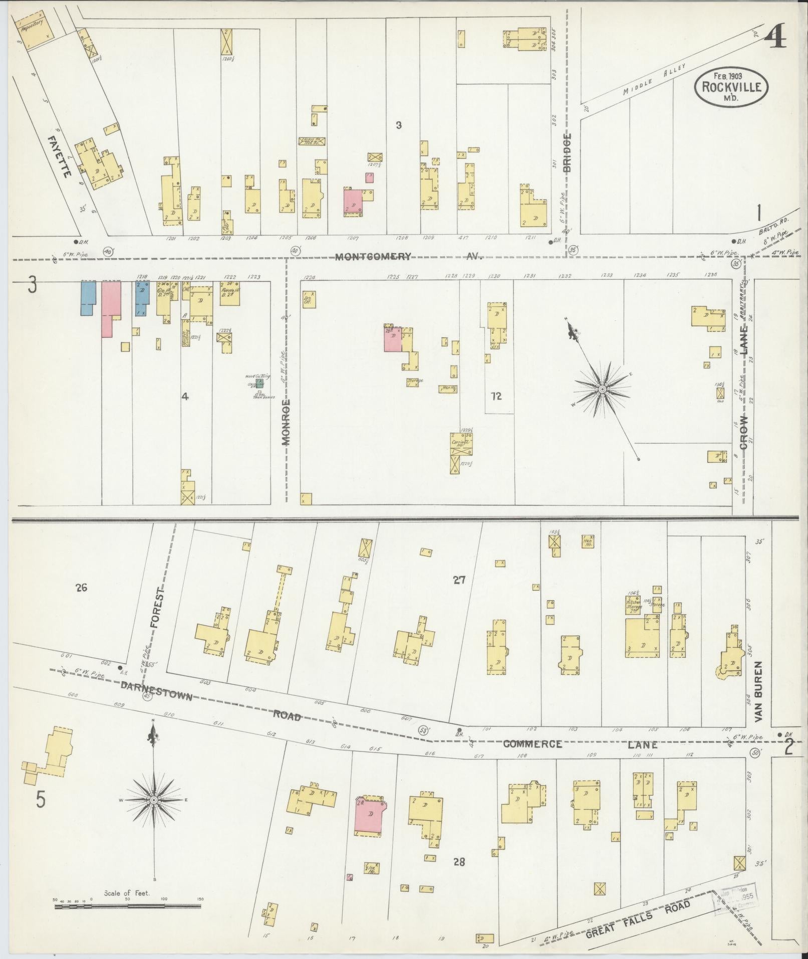 Sanborn Fire Insurance Map from Rockville, Montgomery County, Maryland (1903), Sheet #0004 - Historic Sanborn Fire Insurance Map Print, vintage old map wall art