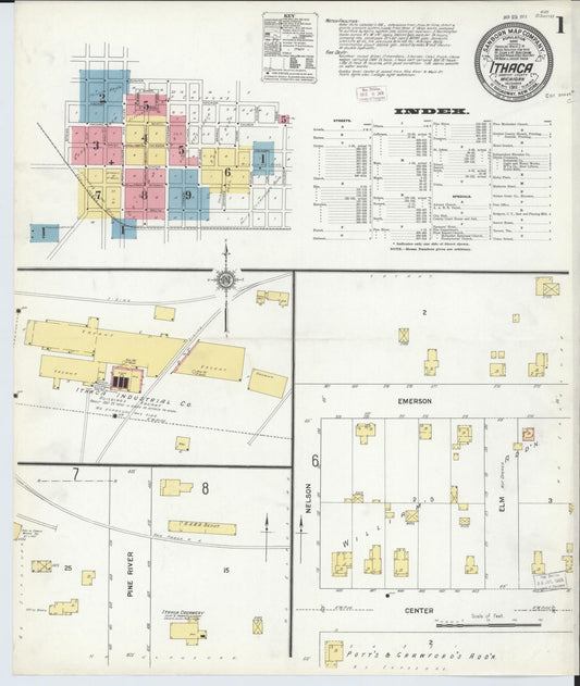 Sanborn Fire Insurance Map from Ithaca, Gratiot County, Michigan (1911), Sheet #0001 - Complete Map Set gallery image, historic Sanborn map, vintage wall art, Michigan Michigan