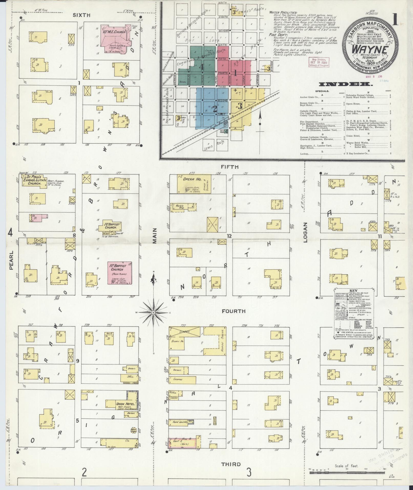 Sanborn Fire Insurance Map from Wayne, Wayne County, Nebraska (1909), Sheet #0001 - Historic Sanborn Fire Insurance Map Print, vintage old map wall art, antique decor, genealogy gift, Nebraska Nebraska map