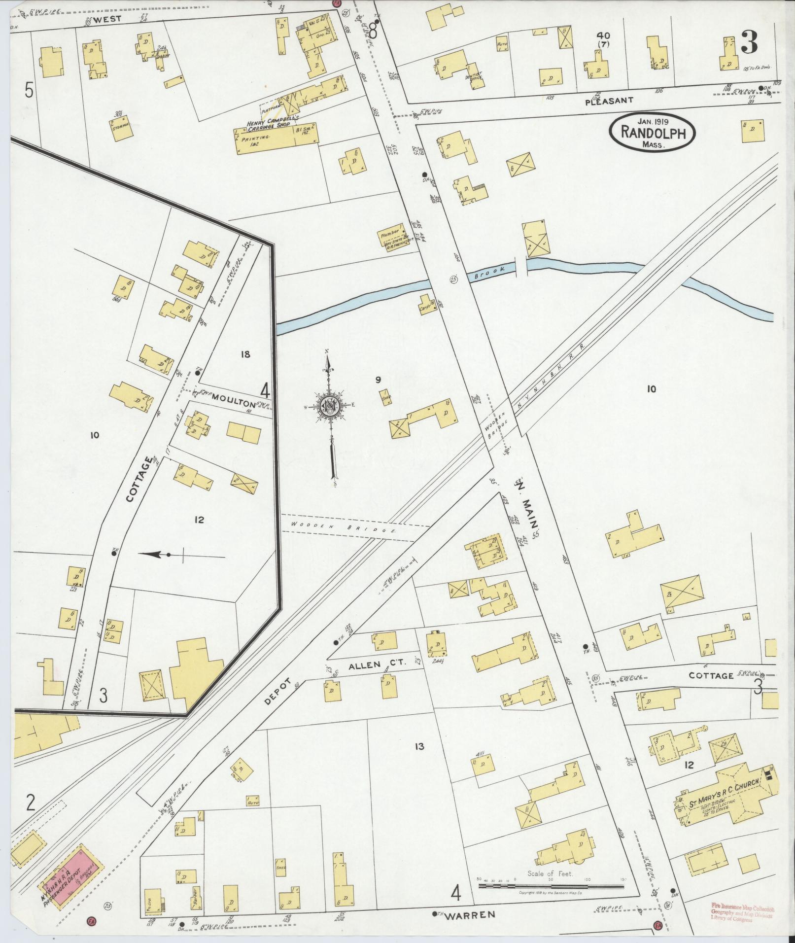 Sanborn Fire Insurance Map from Randolph, Norfolk County, Massachusetts (1919), Sheet #0003 - Complete Map Set gallery image, historic Sanborn map, vintage wall art, Massachusetts Massachusetts
