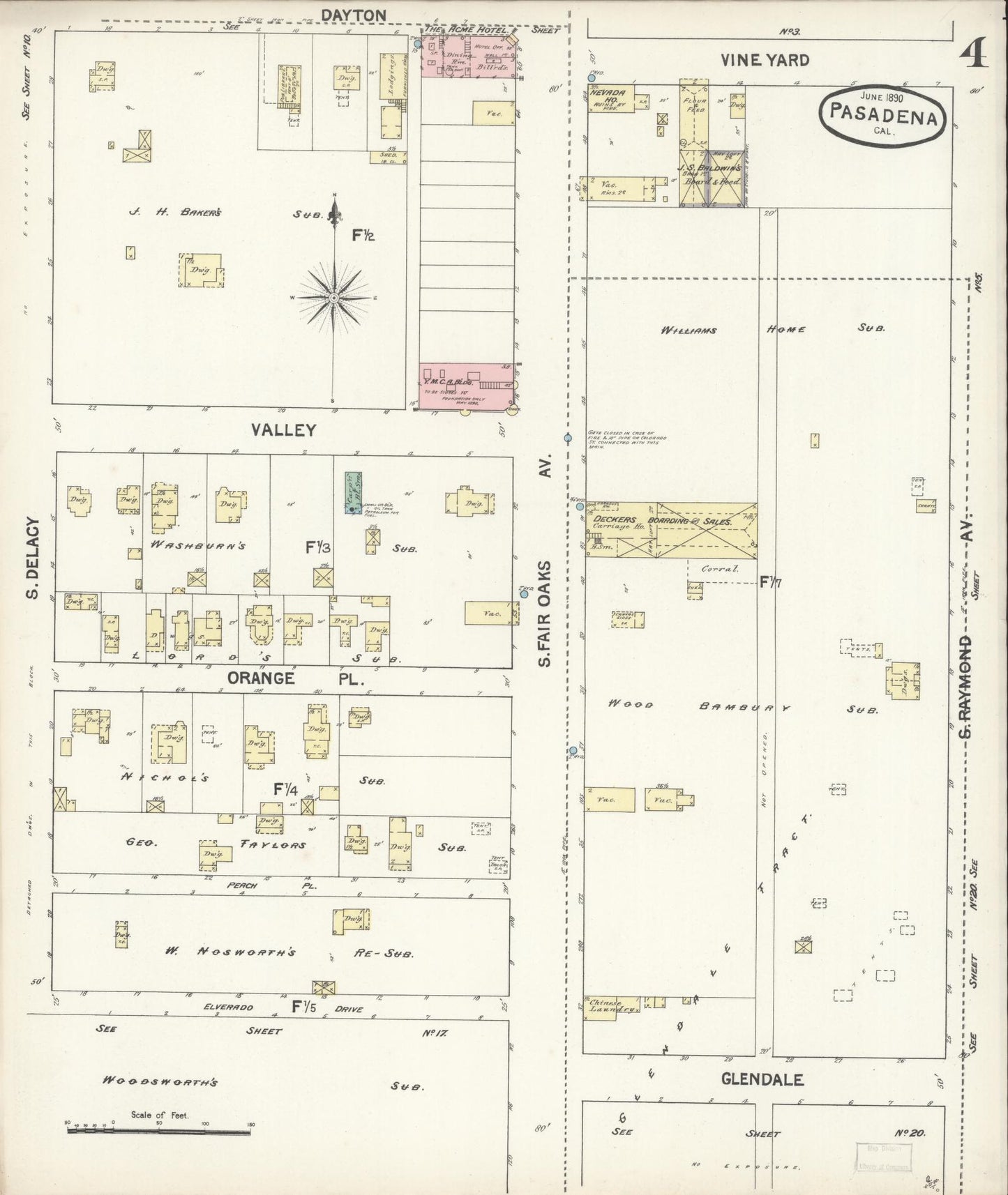 Sanborn Fire Insurance Map from Pasadena, Los Angeles County, California (1890), Sheet #0004 - Complete Map Set gallery image, historic Sanborn map, vintage wall art, California California