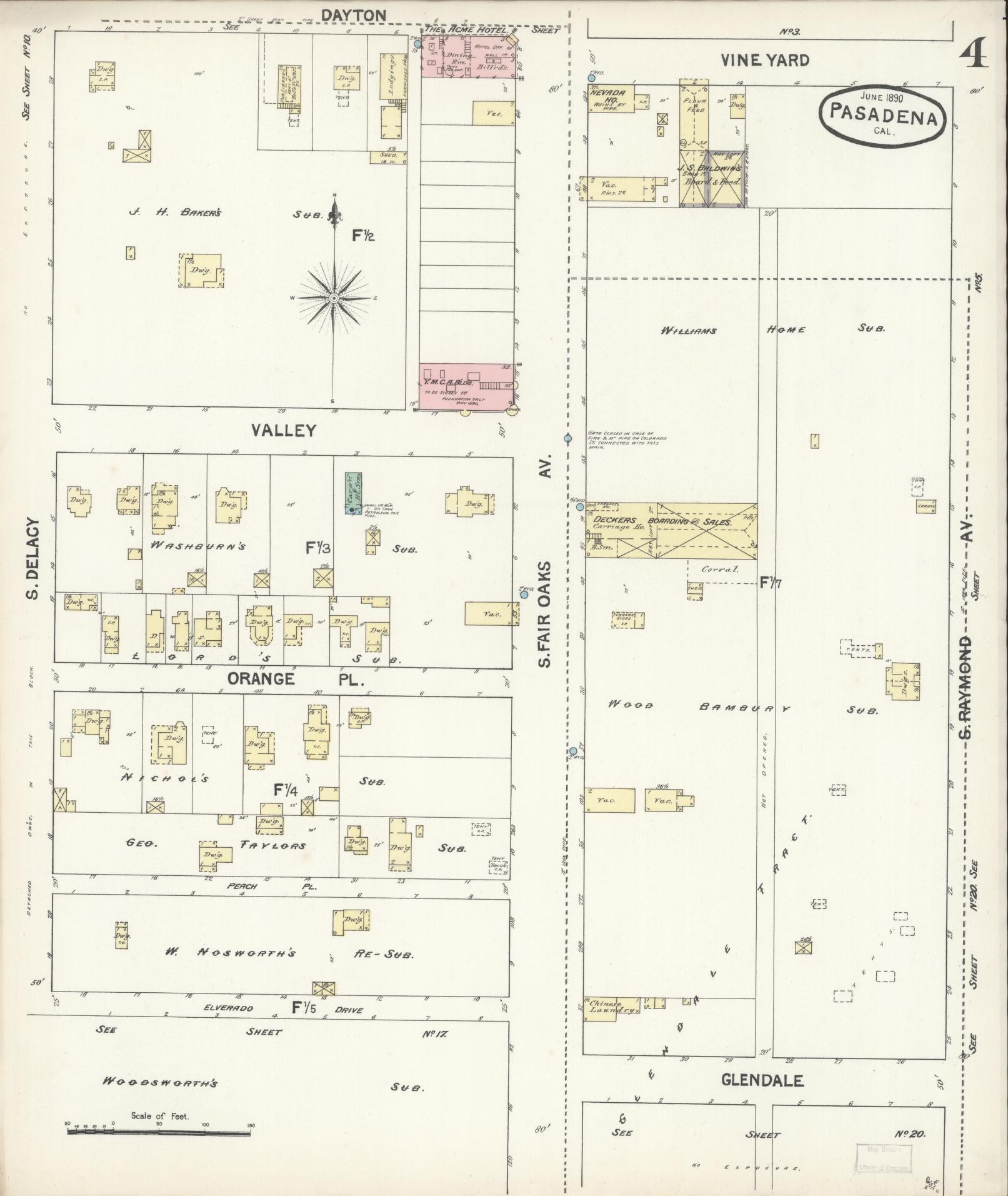Sanborn Fire Insurance Map from Pasadena, Los Angeles County, California (1890), Sheet #0004 - Complete Map Set gallery image, historic Sanborn map, vintage wall art, California California
