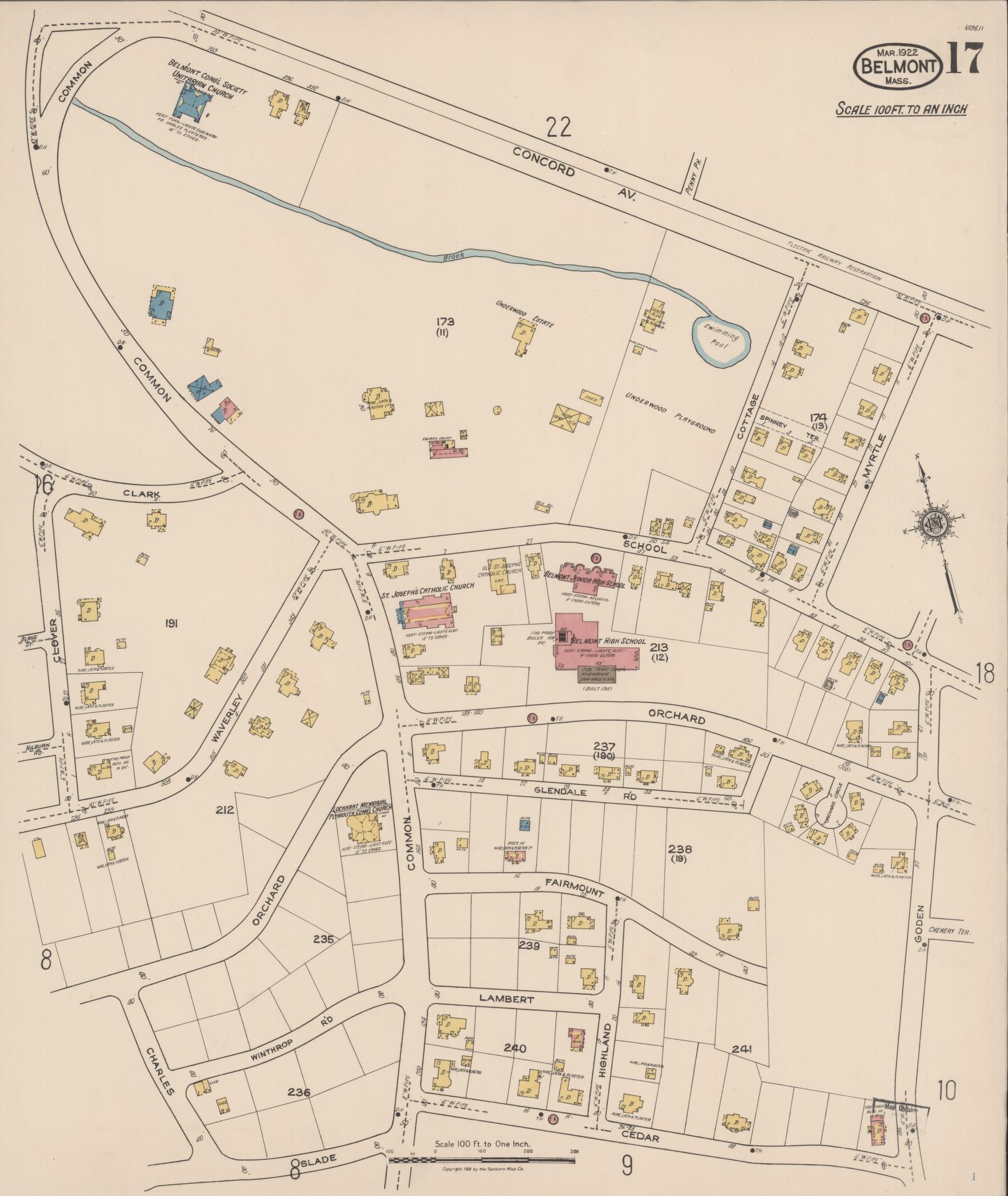 Sanborn Fire Insurance Map from Belmont, Middlesex County, Massachusetts (1922), Sheet #0017 - Complete Map Set gallery image, historic Sanborn map, vintage wall art, Massachusetts Massachusetts