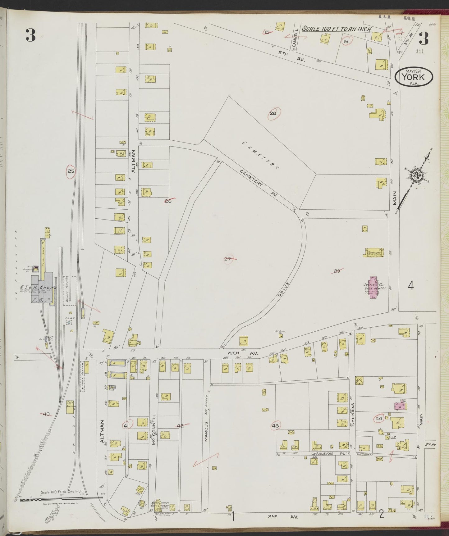 Sanborn Fire Insurance Map from York, Sumter County, Alabama (1924), Sheet #0003 - Complete Map Set gallery image, historic Sanborn map, vintage wall art, Alabama Alabama