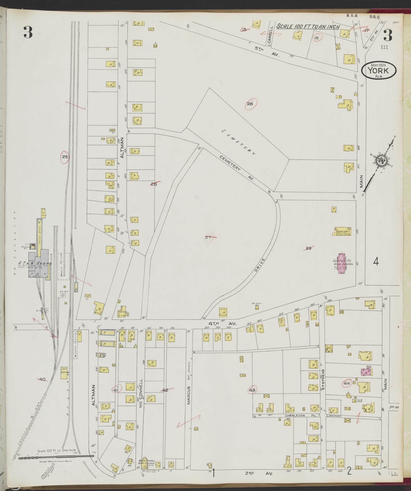 Sanborn Fire Insurance Map from York, Sumter County, Alabama (1924), Sheet #0003 - Complete Map Set gallery image, historic Sanborn map, vintage wall art, Alabama Alabama