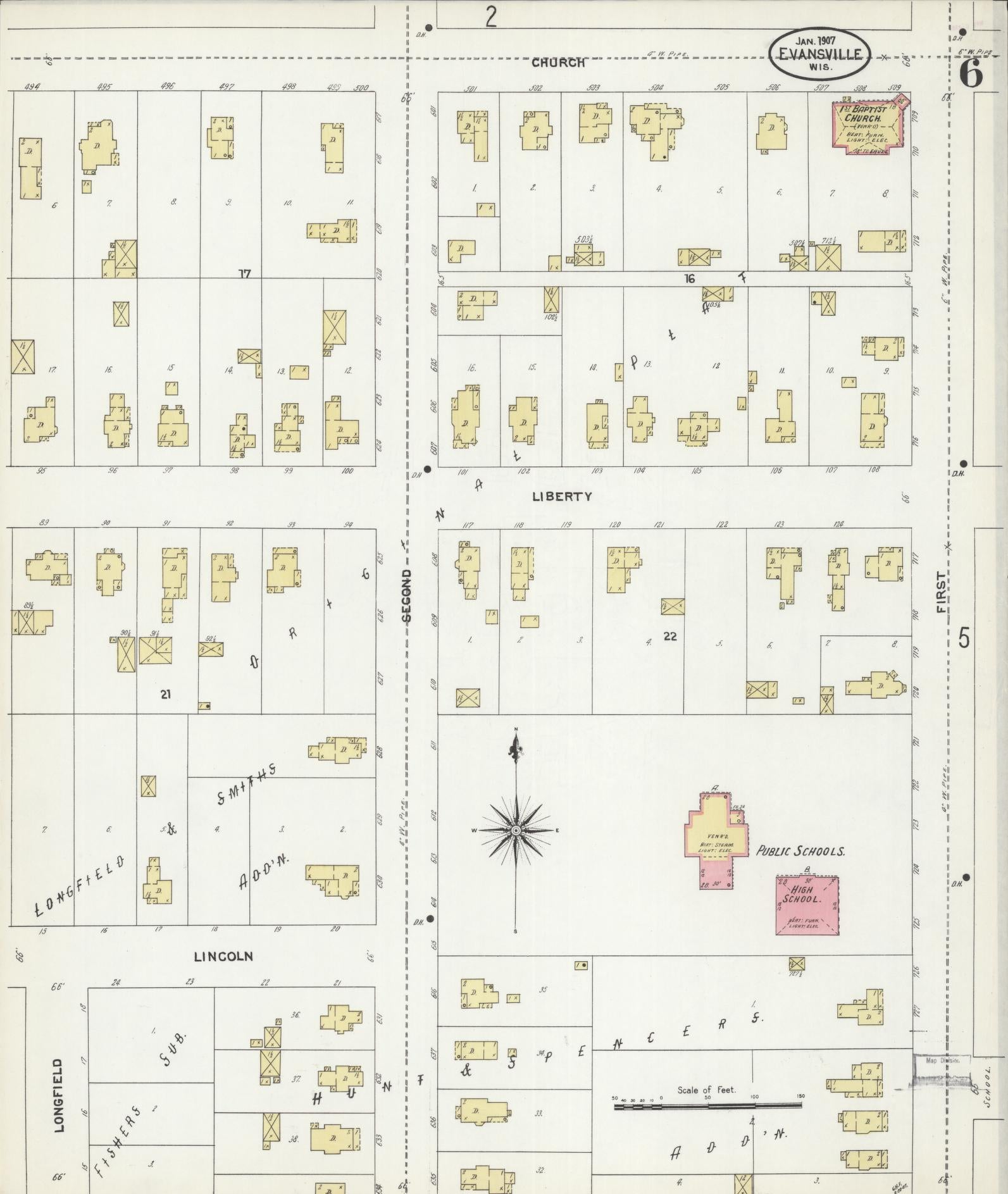 Sanborn Fire Insurance Map from Evansville, Rock County, Wisconsin (1907), Sheet #0006 - Complete Map Set gallery image, historic Sanborn map, vintage wall art, Wisconsin Wisconsin