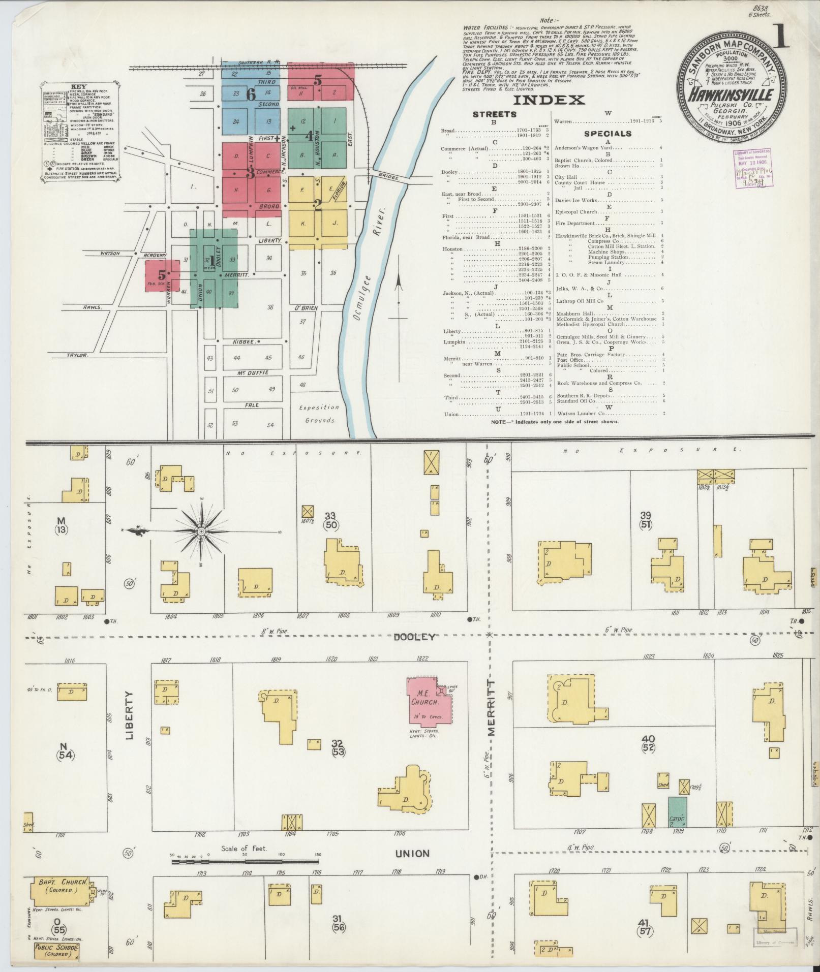 Sanborn Fire Insurance Map from Hawkinsville, Pulaski County, Georgia (1906), Sheet #0001 - Complete Map Set gallery image, historic Sanborn map, vintage wall art, Georgia Georgia