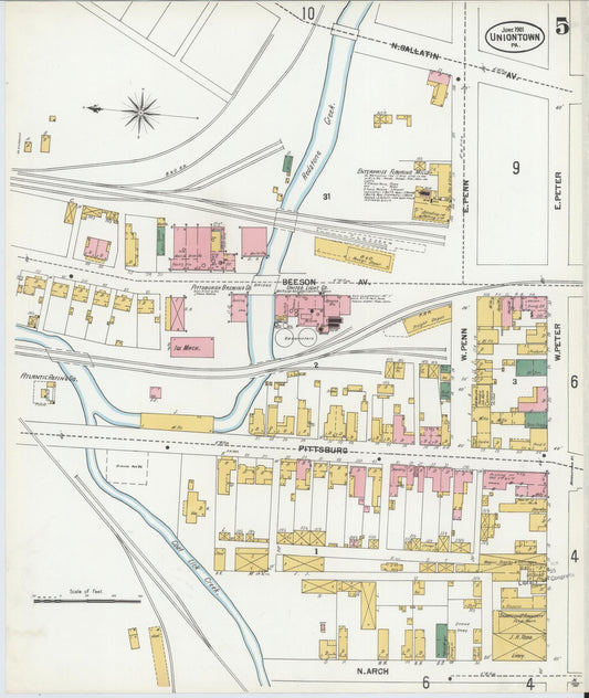 Sanborn Fire Insurance Map from Uniontown, Fayette County, Pennsylvania (1901), Sheet #0005 - Historic Sanborn Fire Insurance Map Print, vintage old map wall art, antique decor, genealogy gift, Pennsylvania Pennsylvania map