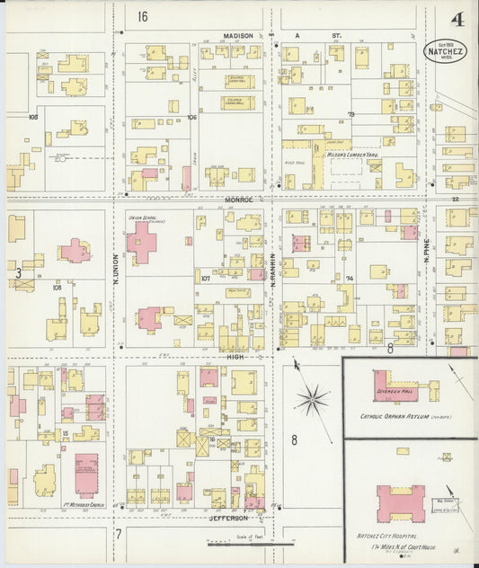 Sanborn Fire Insurance Map from Natchez, Adams County, Mississippi (1901), Sheet #0004 - Historic Sanborn Fire Insurance Map Print, vintage old map wall art, antique decor, genealogy gift, Mississippi Mississippi map