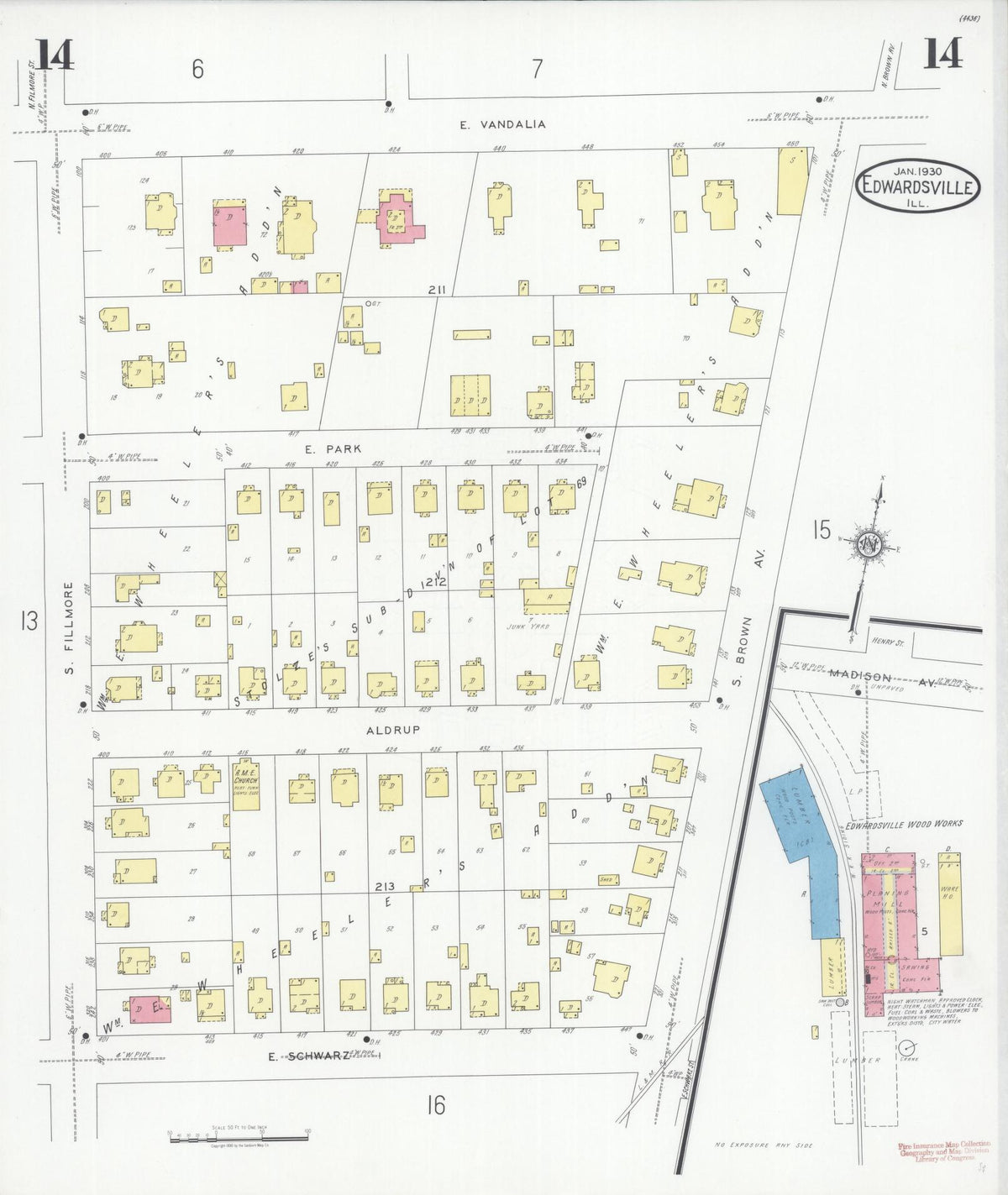 Sanborn Fire Insurance Map from Edwardsville, Madison County, Illinois (1930), Sheet #0014 - Historic Sanborn Fire Insurance Map Print, vintage old map wall art, antique decor, genealogy gift, Illinois Illinois map