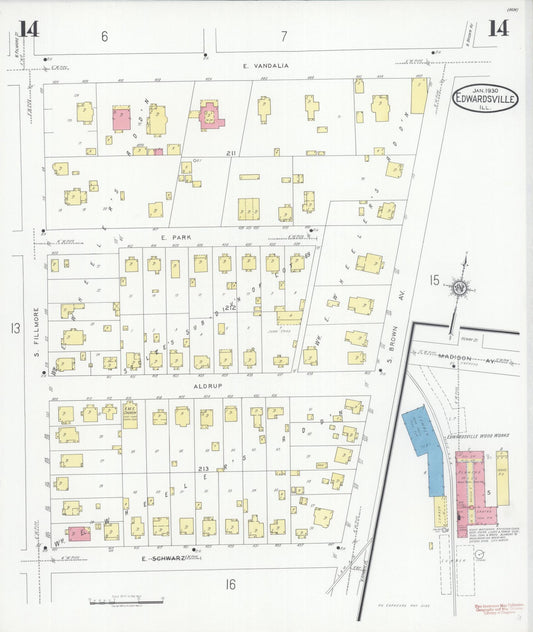 Sanborn Fire Insurance Map from Edwardsville, Madison County, Illinois (1930), Sheet #0014 - Historic Sanborn Fire Insurance Map Print, vintage old map wall art, antique decor, genealogy gift, Illinois Illinois map