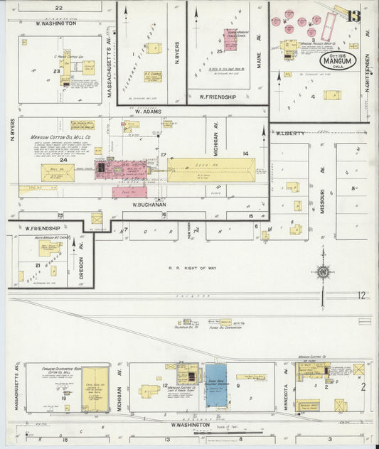 Sanborn Fire Insurance Map from Mangum, Greer County, Oklahoma (1916), Sheet #0013 - Historic Sanborn Fire Insurance Map Print, vintage old map wall art, antique decor, genealogy gift, Oklahoma Oklahoma map