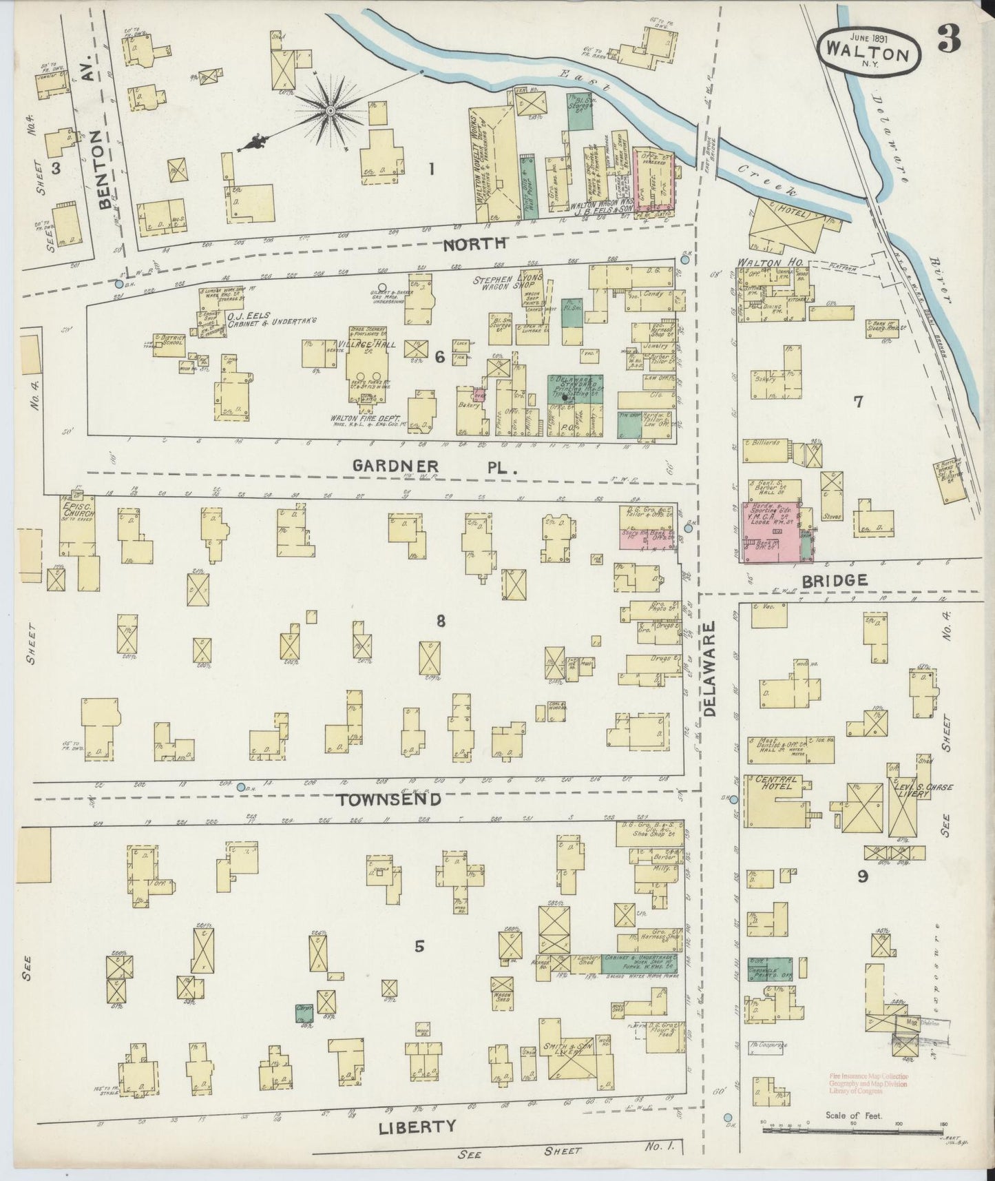 Sanborn Fire Insurance Map from Walton, Delaware County, New York (1891), Sheet #0003 - Complete Map Set gallery image, historic Sanborn map, vintage wall art, Walton Delaware
