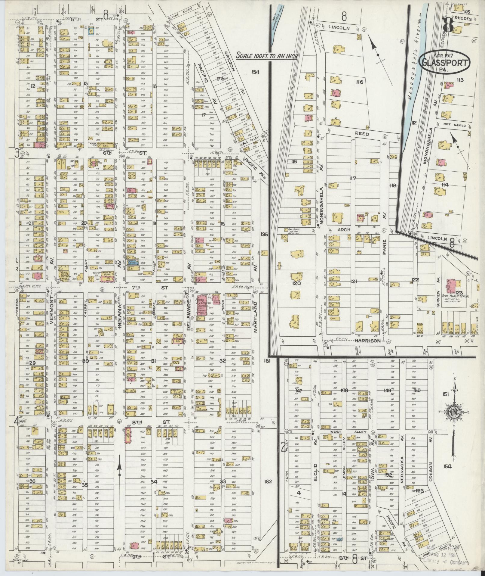 Sanborn Fire Insurance Map from Glassport, Allegheny County, Pennsylvania (1917), Sheet #0008 - Historic Sanborn Fire Insurance Map Print, vintage old map wall art, antique decor, genealogy gift, Pennsylvania Pennsylvania map