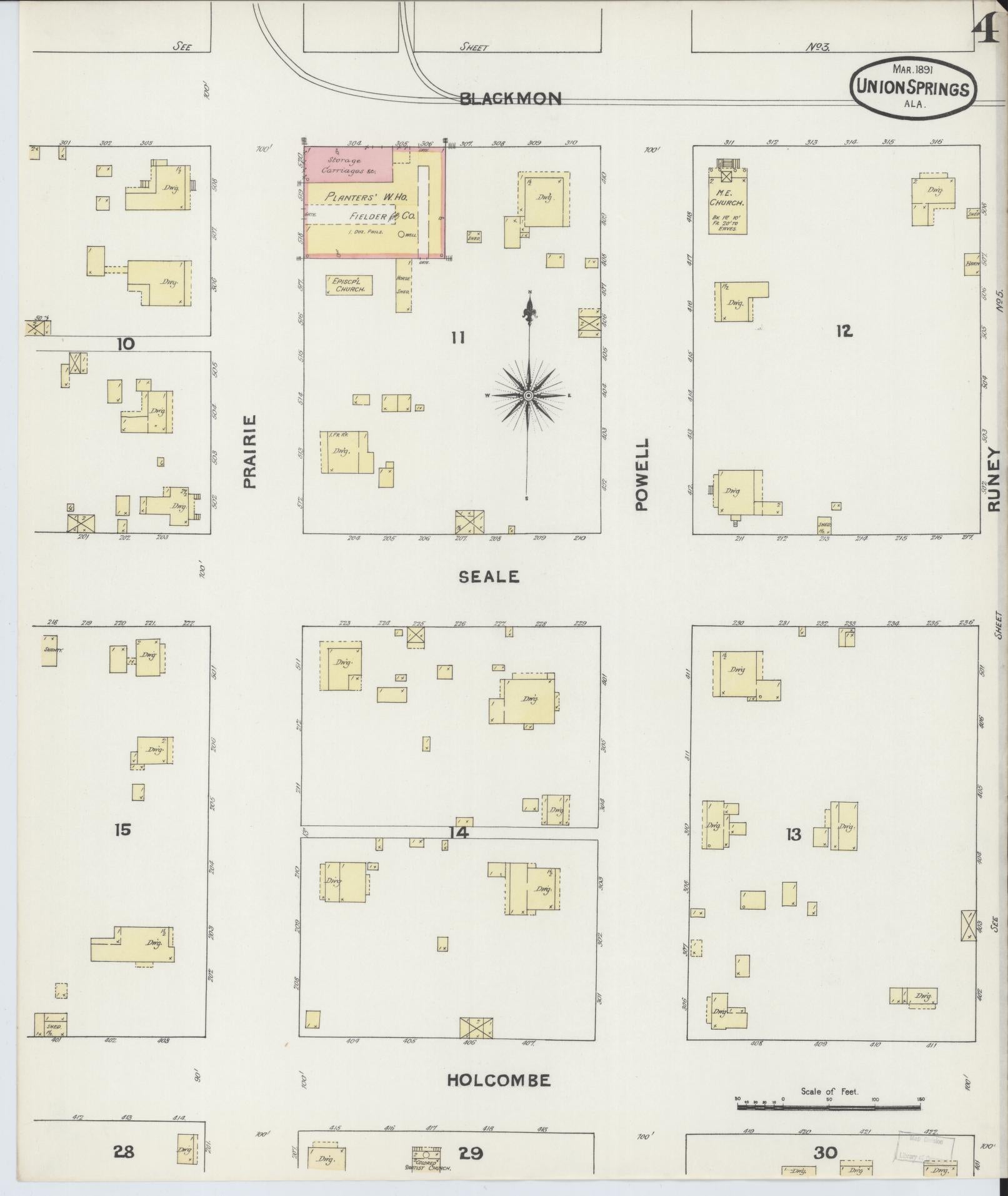 Sanborn Fire Insurance Map from Union Springs, Bullock County, Alabama (1891), Sheet #0004 - Historic Sanborn Fire Insurance Map Print, vintage old map wall art, antique decor, genealogy gift, Alabama Alabama map