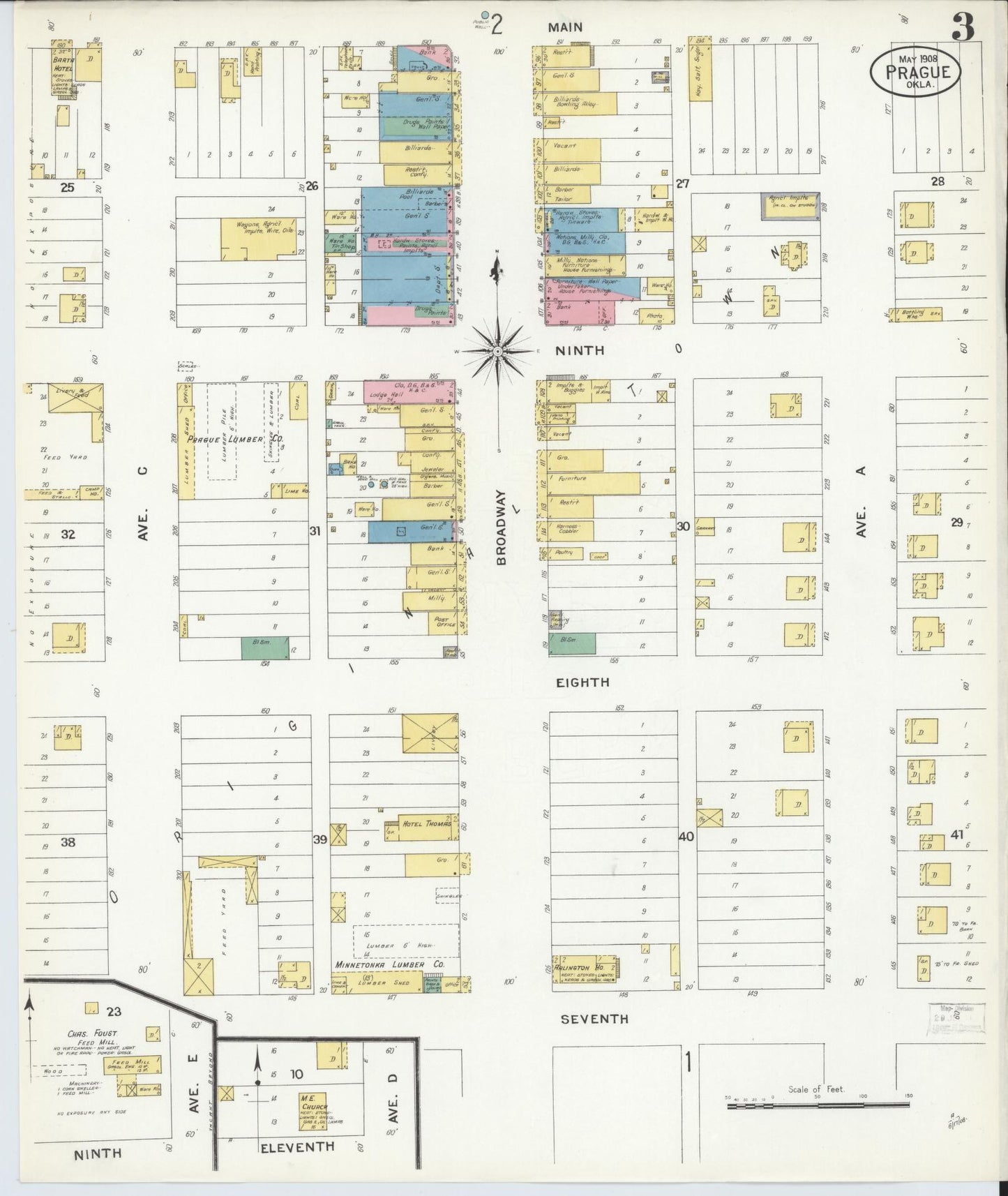 Sanborn Fire Insurance Map from Prague, Lincoln County, Oklahoma (1908), Sheet #0003 - Complete Map Set gallery image, historic Sanborn map, vintage wall art, Oklahoma Oklahoma