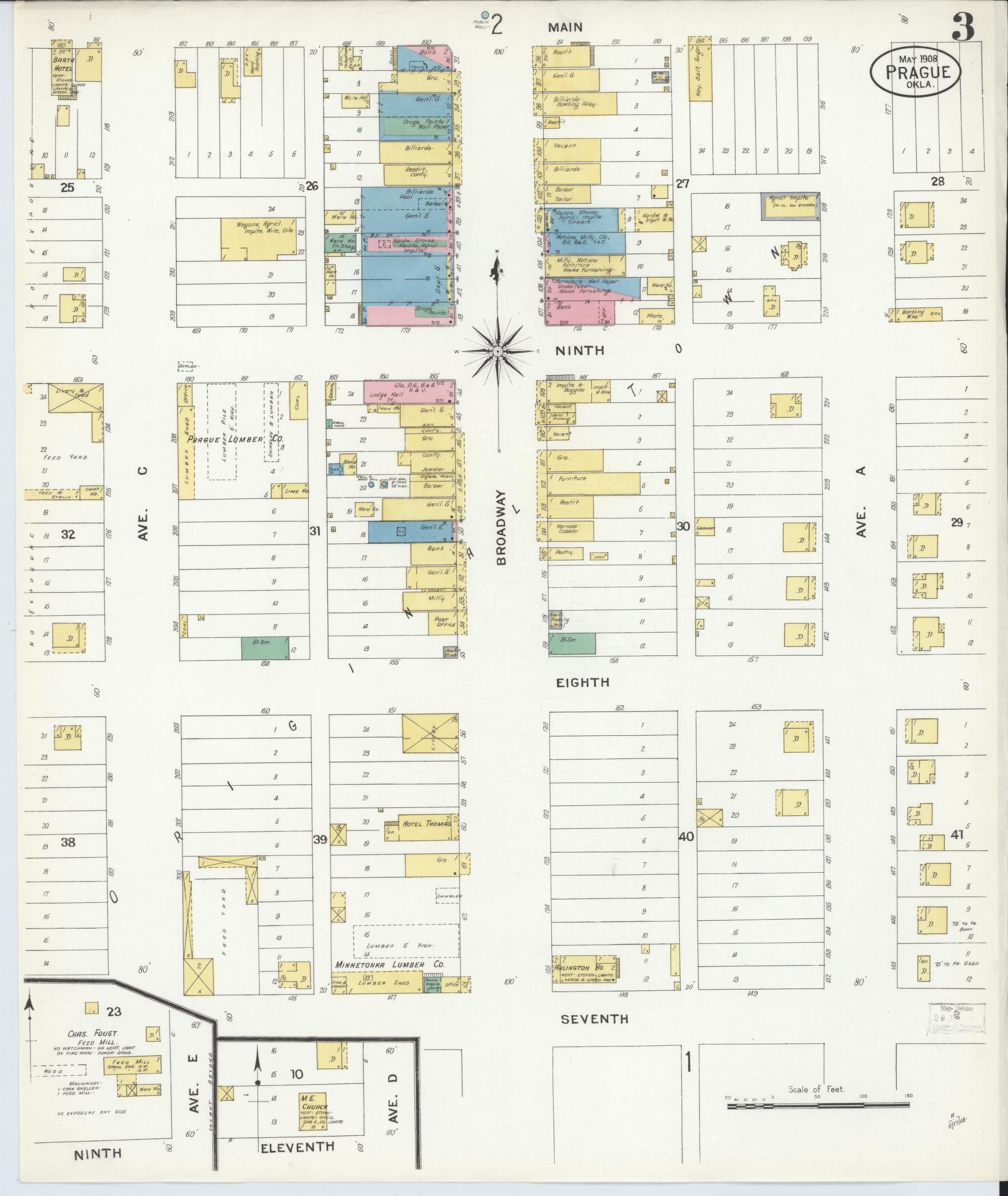 Sanborn Fire Insurance Map from Prague, Lincoln County, Oklahoma (1908), Sheet #0003 - Complete Map Set gallery image, historic Sanborn map, vintage wall art, Oklahoma Oklahoma