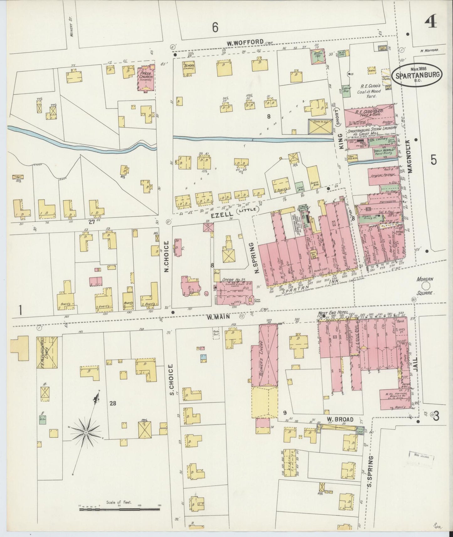 Sanborn Fire Insurance Map from Spartanburg, Spartanburg County, South Carolina (1898), Sheet #0004 - Complete Map Set gallery image, historic Sanborn map, vintage wall art, South Carolina South Carolina