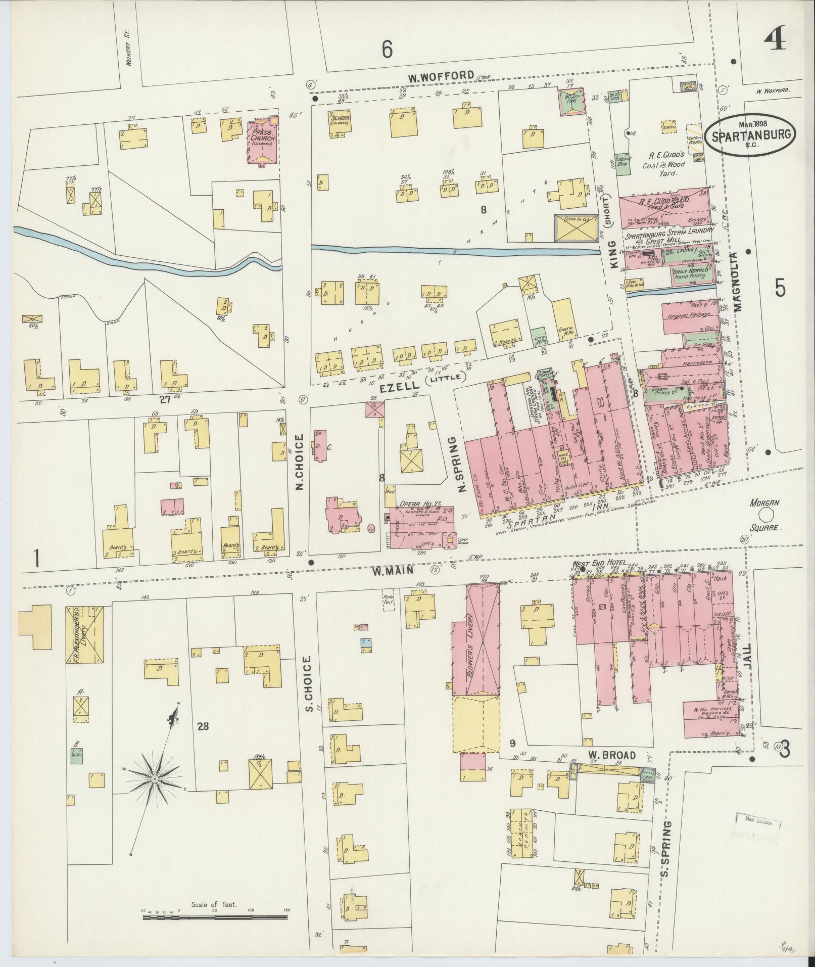 Sanborn Fire Insurance Map from Spartanburg, Spartanburg County, South Carolina (1898), Sheet #0004 - Complete Map Set gallery image, historic Sanborn map, vintage wall art, South Carolina South Carolina