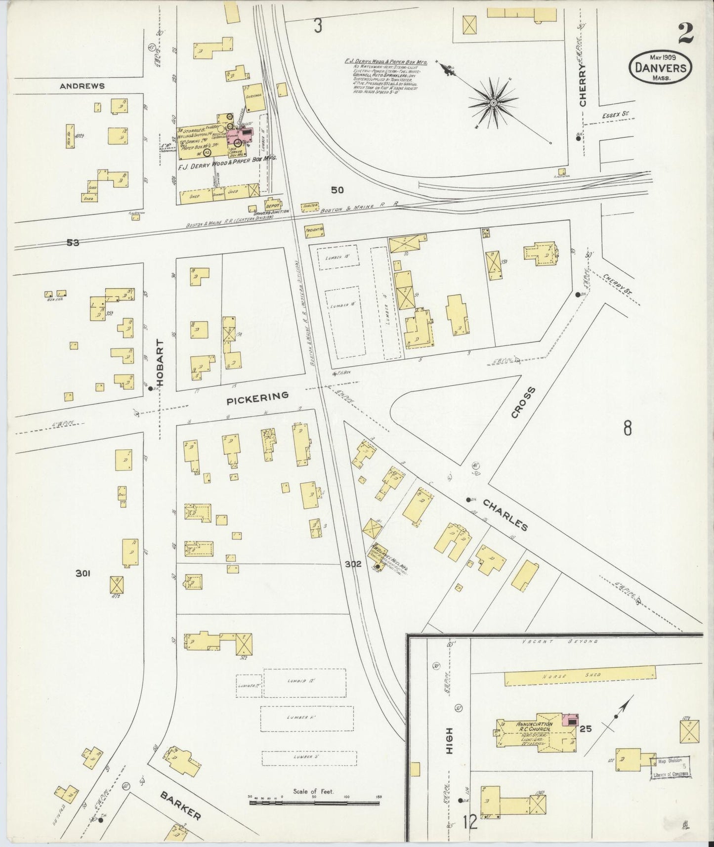 Sanborn Fire Insurance Map from Danvers, Essex County, Massachusetts (1909), Sheet #0002 - Complete Map Set gallery image, historic Sanborn map, vintage wall art, Massachusetts Massachusetts