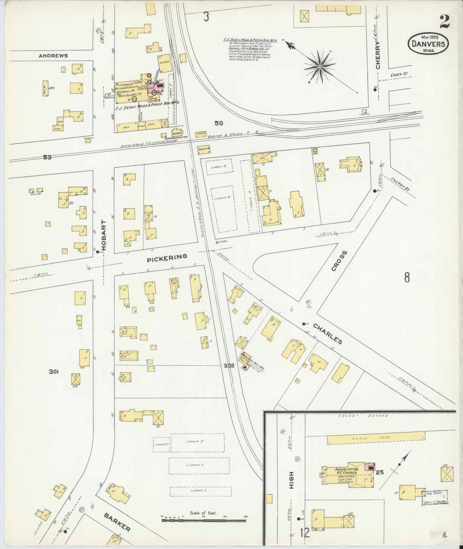 Sanborn Fire Insurance Map from Danvers, Essex County, Massachusetts (1909), Sheet #0002 - Complete Map Set gallery image, historic Sanborn map, vintage wall art, Massachusetts Massachusetts