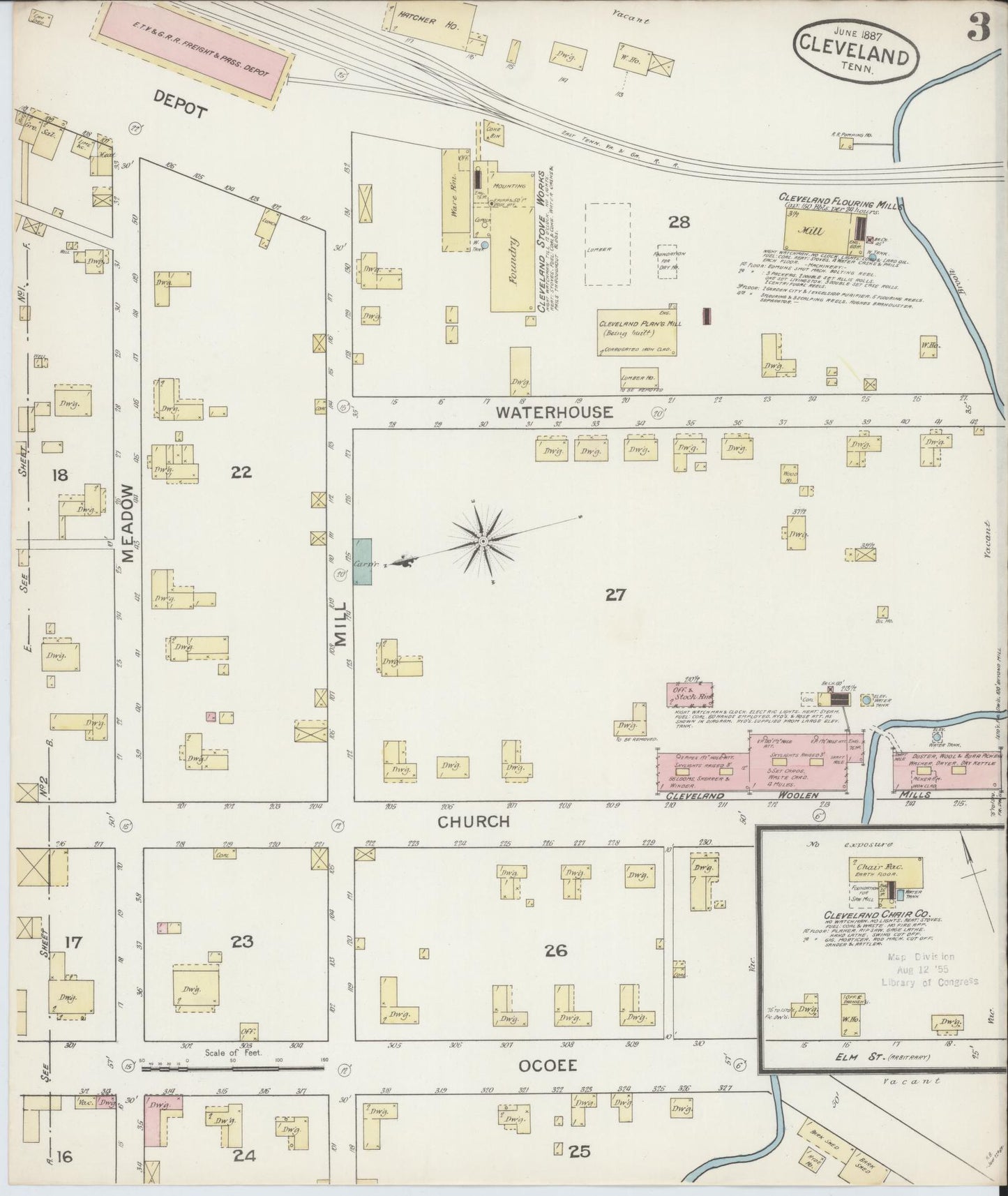 Sanborn Fire Insurance Map from Cleveland, Bradley County, Tennessee (1887), Sheet #0003 - Complete Map Set gallery image, historic Sanborn map, vintage wall art, Tennessee Tennessee