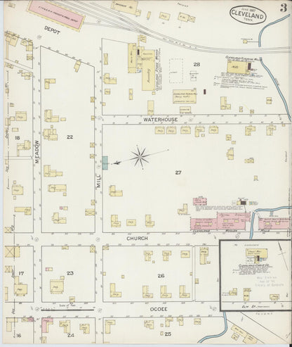Sanborn Fire Insurance Map from Cleveland, Bradley County, Tennessee (1887), Sheet #0003 - Complete Map Set gallery image, historic Sanborn map, vintage wall art, Tennessee Tennessee