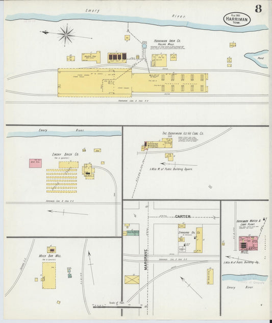Sanborn Fire Insurance Map from Harriman, Roane County, Tennessee (1901), Sheet #0008 - Historic Sanborn Fire Insurance Map Print, vintage old map wall art, antique decor, genealogy gift, Tennessee Tennessee map